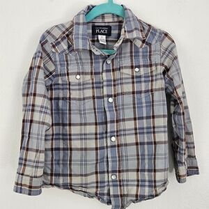 The Childrens Place Boys Plaid Snap Front Long Sleeve Shirt Size 3T‎ Blue Brown